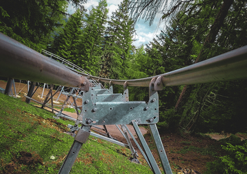 Blick entlang einer Metallachterbahnstrecke im Wald mit Stützpfeilern und Bäumen im Hintergrund