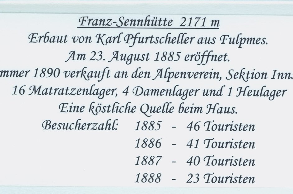 Eine Auflistung der Besucherzahlen der Franz-Senn-Hütte von den Jahren 1885-1888.